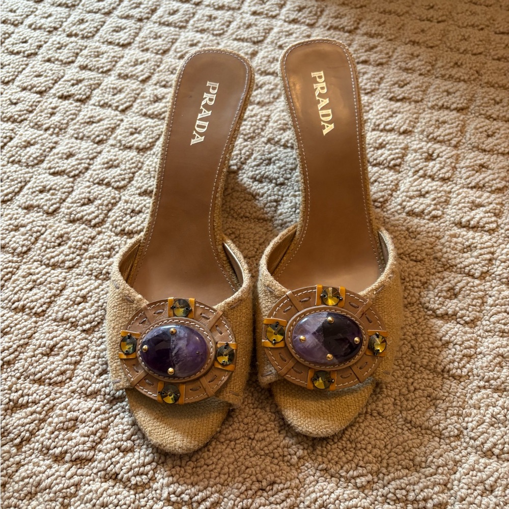 Prada Beige Mules with Purple and Yellow Detail